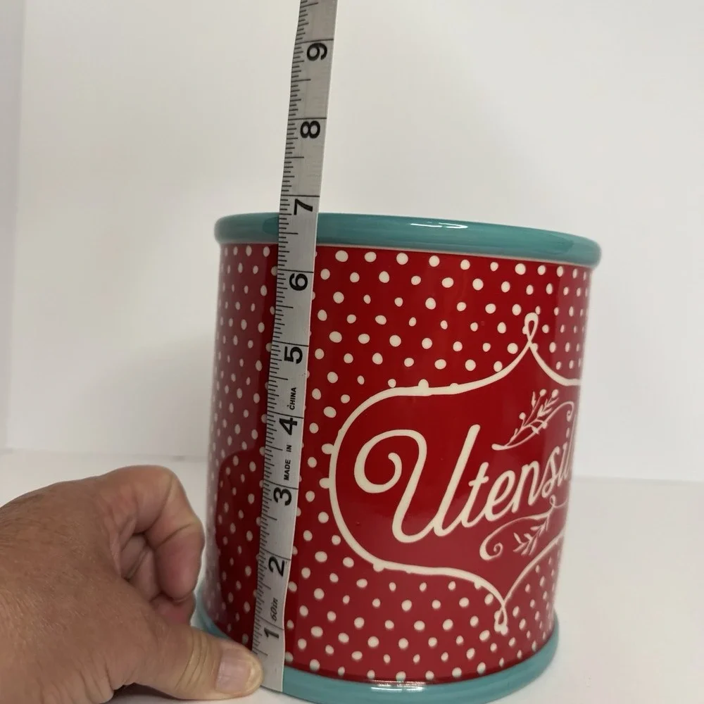 Pioneer Woman Polka Dot Utensil Crock Holder Canister Ceramic Red Teal 7